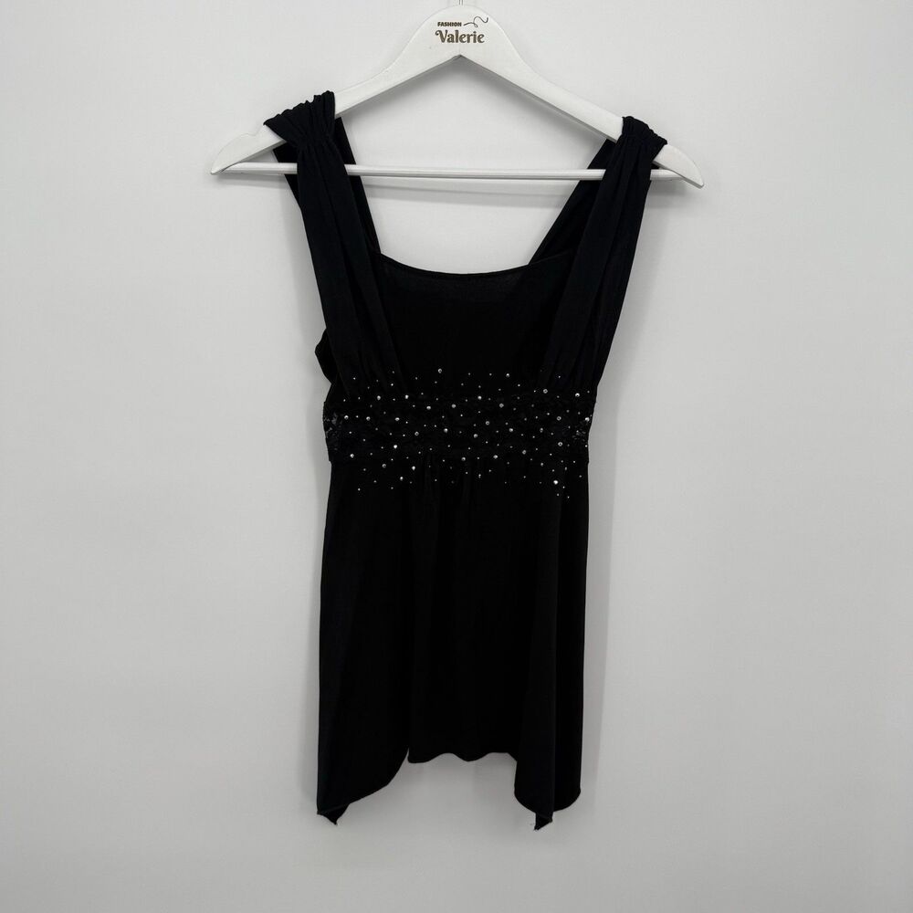 Topia Y2k Black Rhinestone Top Asymmetrical Hem Size Medium Paper Tag